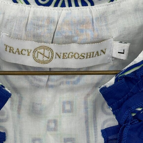 Tracy Negoshian Blue White Sleeveless dress cotton Ruffle Neckline size large - Picture 4 of 11